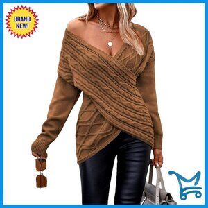 V Neck Cable Knit Pullover Sweater Cross Wrap Front Long Sleeve Casual Chic